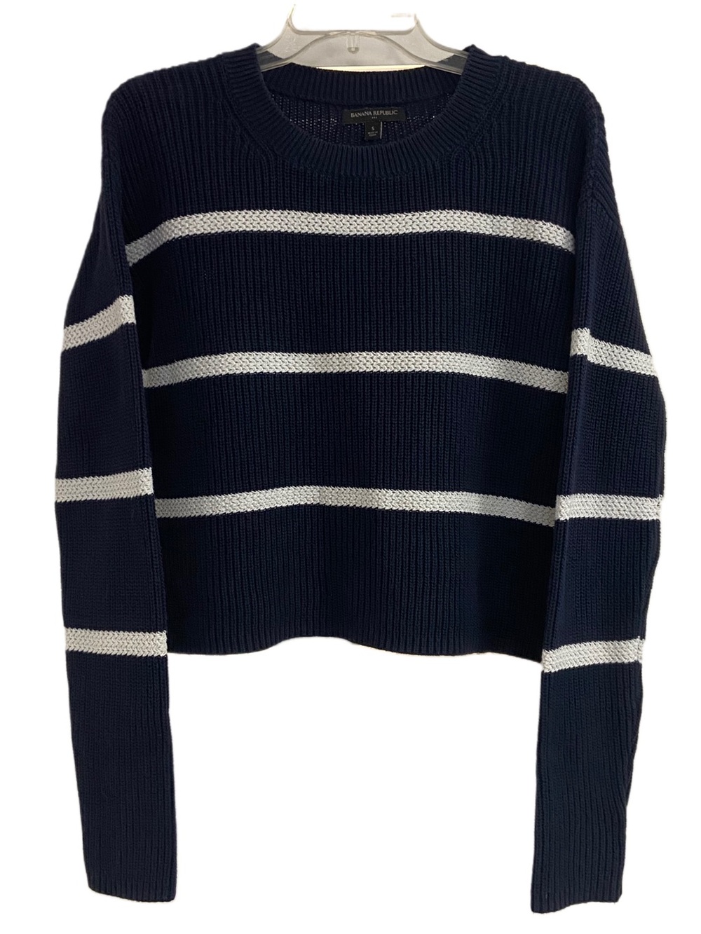 Banana Republic Navy and White Striped Cropped Crewneck Sweater